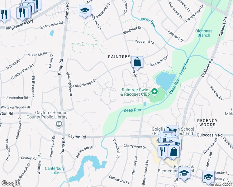 map of restaurants, bars, coffee shops, grocery stores, and more near 1702 Willow Wind Circle in Richmond