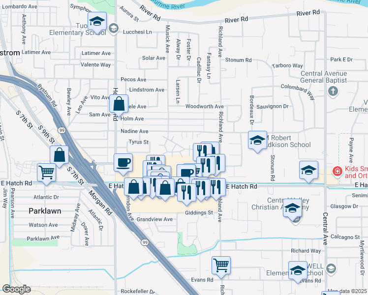 map of restaurants, bars, coffee shops, grocery stores, and more near 1610 Nadine Avenue in Modesto