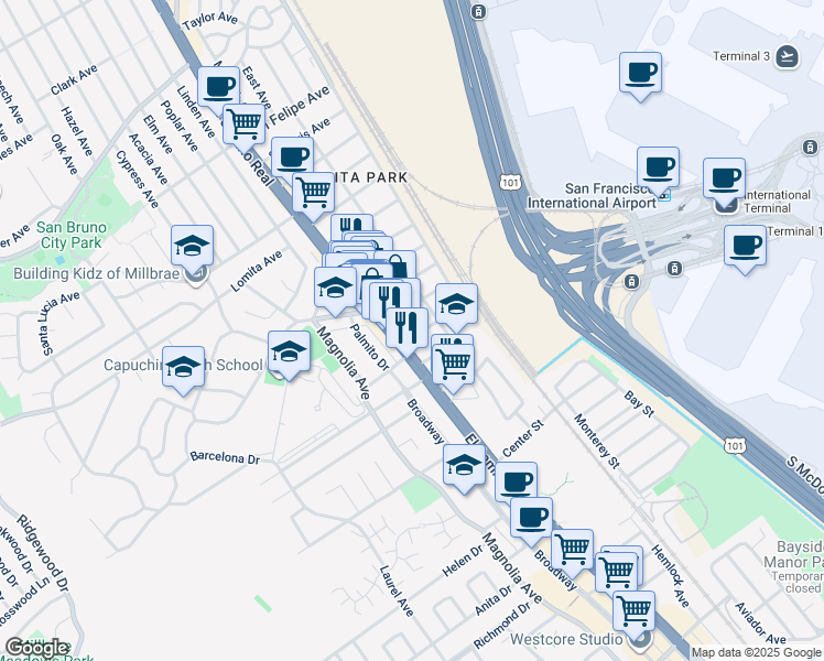map of restaurants, bars, coffee shops, grocery stores, and more near 1018 San Anselmo Avenue in San Bruno