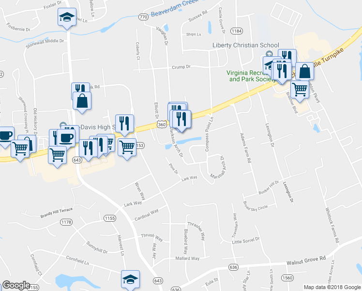 map of restaurants, bars, coffee shops, grocery stores, and more near 7356 Jackson Arch Drive in Mechanicsville