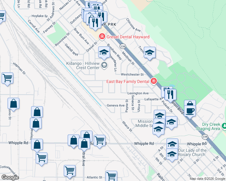 map of restaurants, bars, coffee shops, grocery stores, and more near 31836 Potsdam Street in Hayward