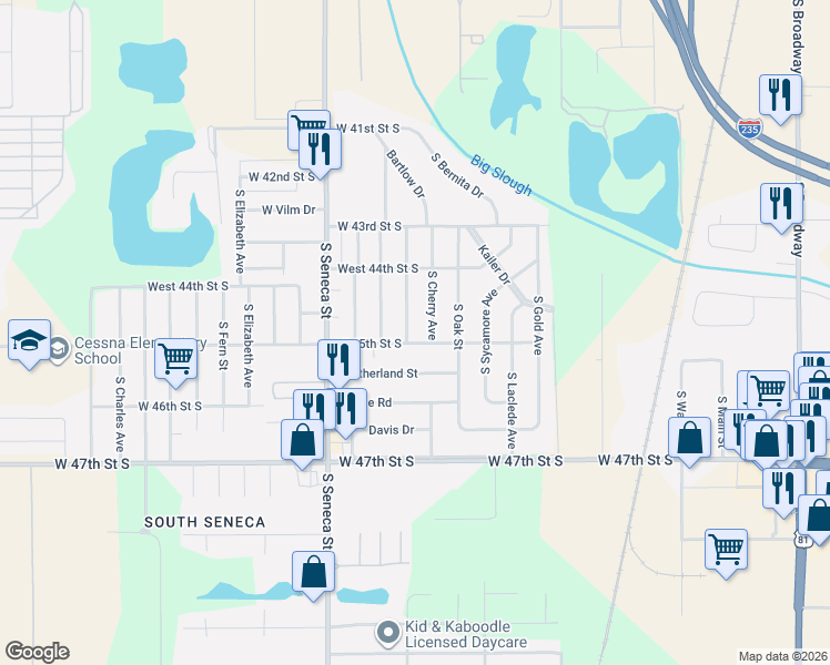 map of restaurants, bars, coffee shops, grocery stores, and more near 4551 South Cherry Street in Wichita