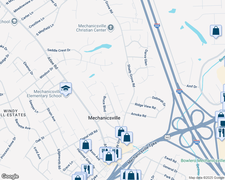 map of restaurants, bars, coffee shops, grocery stores, and more near 8041 Arnoka Road in Mechanicsville