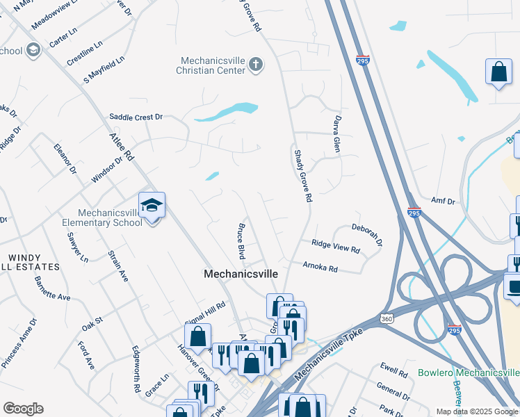 map of restaurants, bars, coffee shops, grocery stores, and more near 8041 Arnoka Road in Mechanicsville