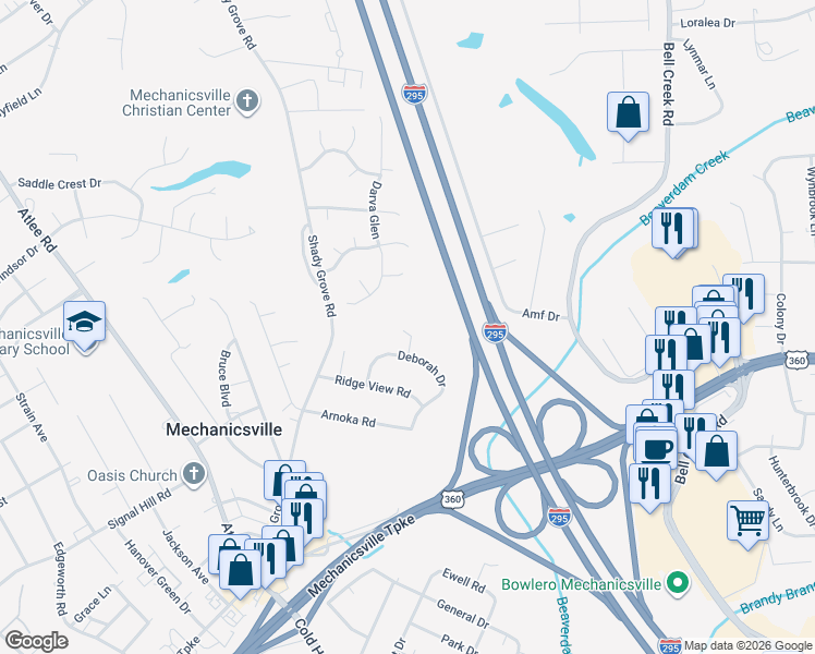 map of restaurants, bars, coffee shops, grocery stores, and more near 7415 Amesbury Circle in Mechanicsville