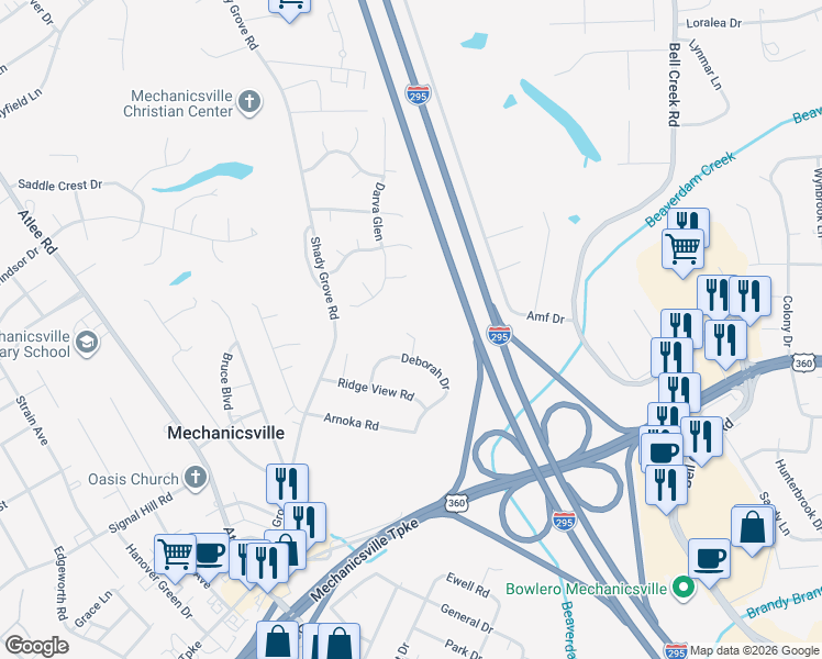 map of restaurants, bars, coffee shops, grocery stores, and more near 7415 Amesbury Circle in Mechanicsville