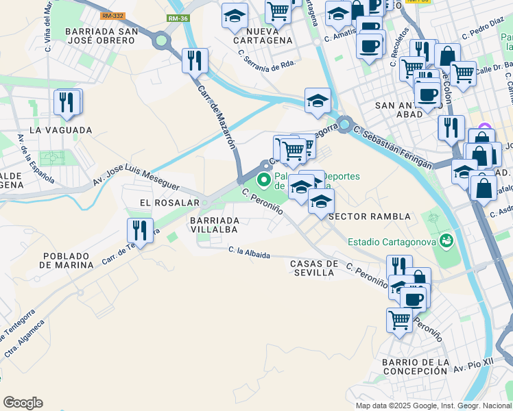 map of restaurants, bars, coffee shops, grocery stores, and more near 15 Calle Ciclamen in Cartagena