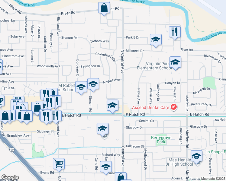 map of restaurants, bars, coffee shops, grocery stores, and more near 1208 Chardonnay Court in Modesto