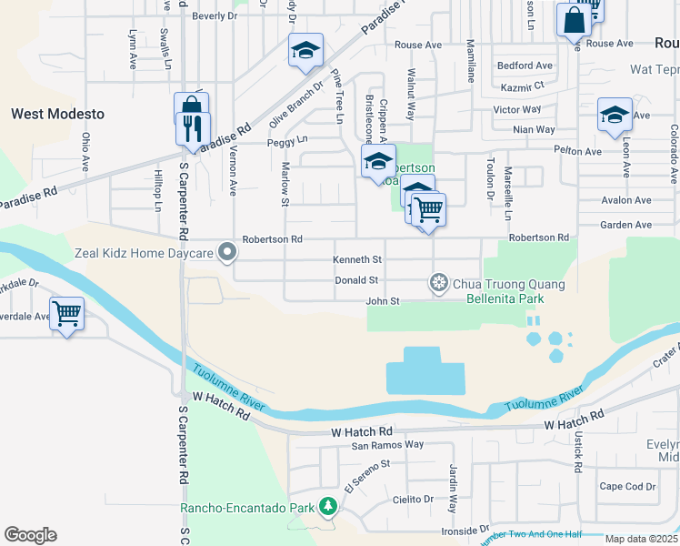 map of restaurants, bars, coffee shops, grocery stores, and more near 1332 Thomas Street in Modesto