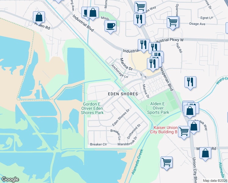 map of restaurants, bars, coffee shops, grocery stores, and more near 2744 Shellgate Circle in Hayward