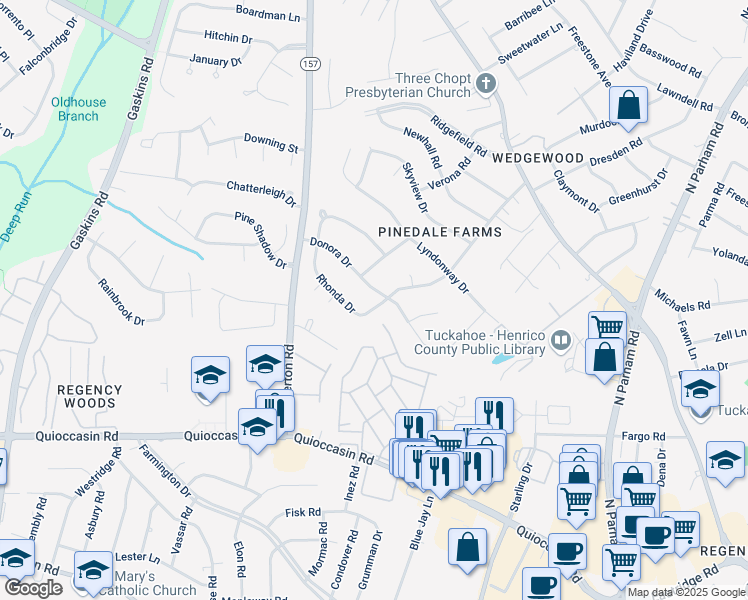 map of restaurants, bars, coffee shops, grocery stores, and more near 9307 Donora Drive in Richmond