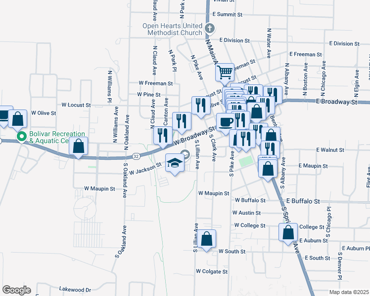 map of restaurants, bars, coffee shops, grocery stores, and more near 101-179 N Park Ave in Bolivar