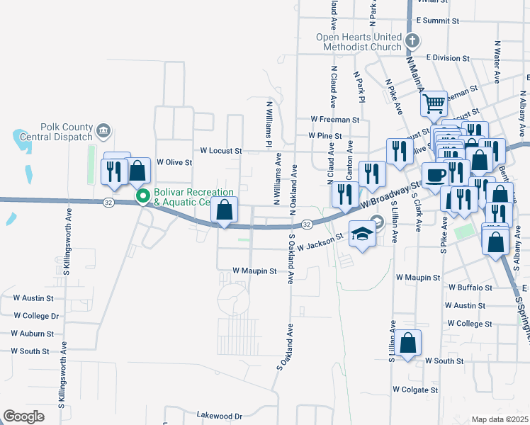map of restaurants, bars, coffee shops, grocery stores, and more near 1115 West Fair Play Street in Bolivar
