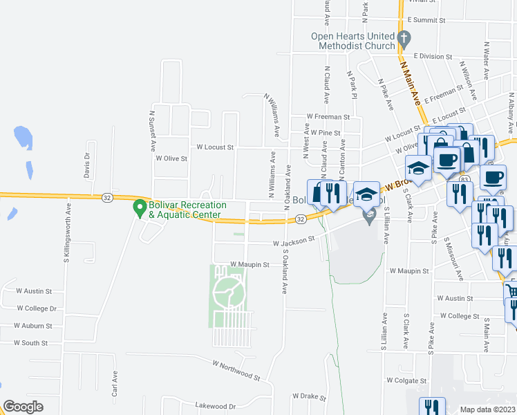 map of restaurants, bars, coffee shops, grocery stores, and more near 1115 West Fair Play Street in Bolivar