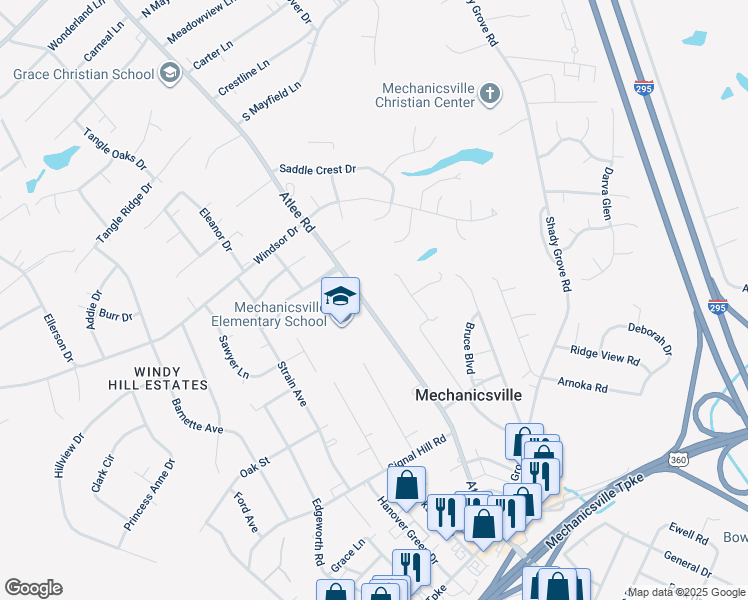 map of restaurants, bars, coffee shops, grocery stores, and more near 7444 Atlee Road in Mechanicsville