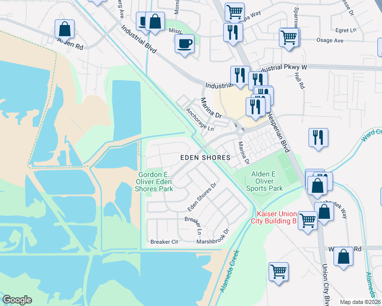 map of restaurants, bars, coffee shops, grocery stores, and more near 2719 Shellgate Circle in Hayward