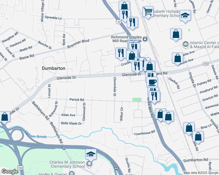 map of restaurants, bars, coffee shops, grocery stores, and more near 6819 Dellwood Street in Richmond