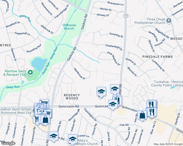 map of restaurants, bars, coffee shops, grocery stores, and more near 9601 Rainbrook Drive in Richmond