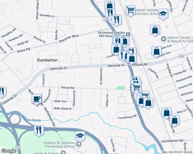 map of restaurants, bars, coffee shops, grocery stores, and more near 6819 Dellwood Street in Richmond