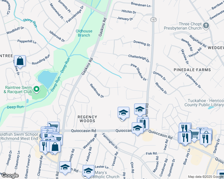 map of restaurants, bars, coffee shops, grocery stores, and more near 9601 Rainbrook Drive in Richmond