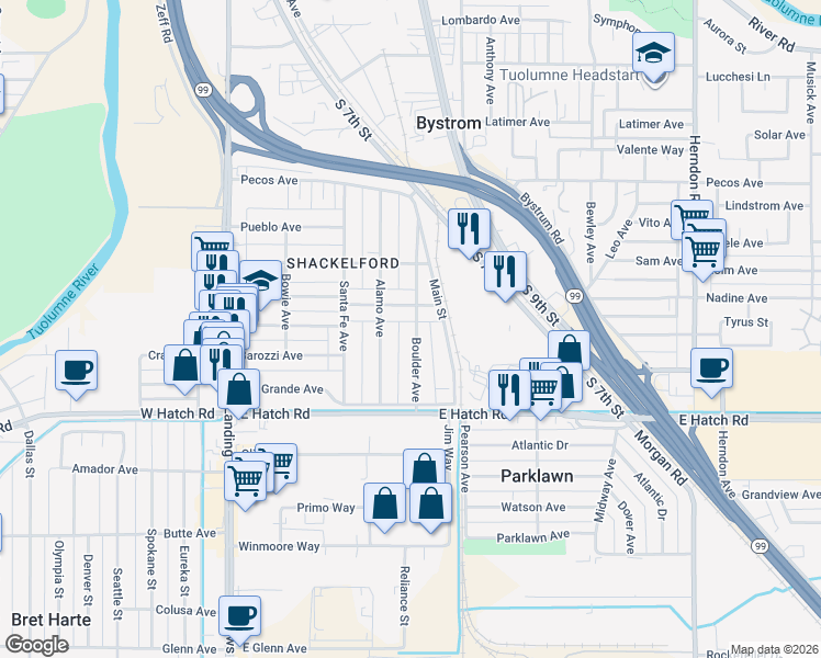 map of restaurants, bars, coffee shops, grocery stores, and more near 1221 Boulder Avenue in Modesto