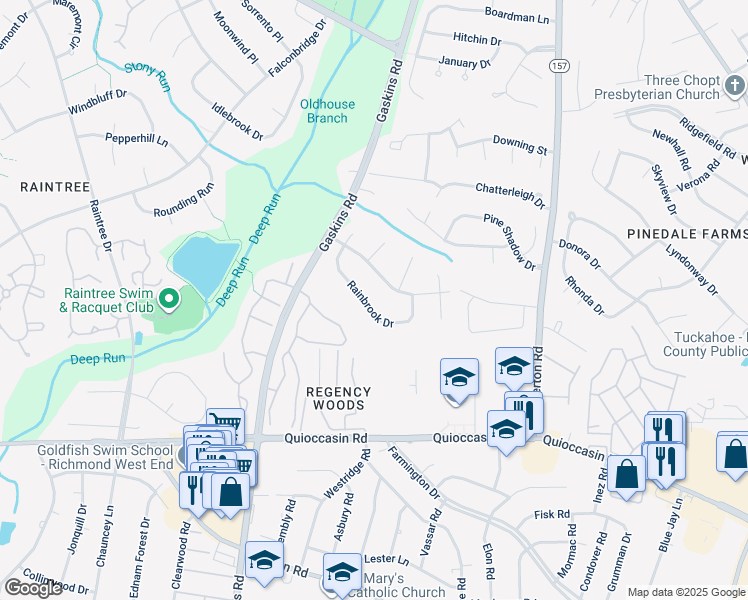 map of restaurants, bars, coffee shops, grocery stores, and more near 9614 Rainbrook Drive in Henrico