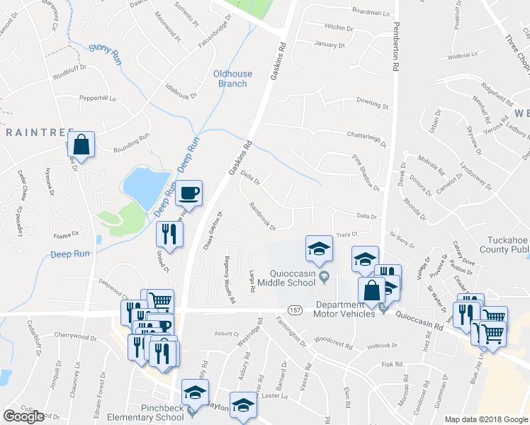 map of restaurants, bars, coffee shops, grocery stores, and more near 9614 Rainbrook Drive in Henrico