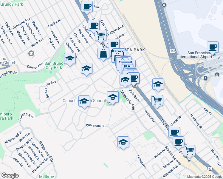 map of restaurants, bars, coffee shops, grocery stores, and more near 220 Park Boulevard in Millbrae