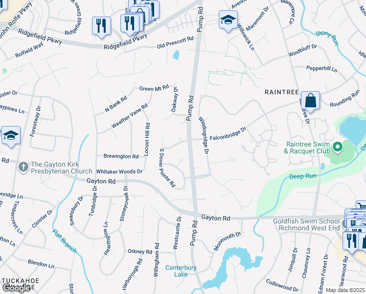 map of restaurants, bars, coffee shops, grocery stores, and more near 10605 Falconbridge Drive in Richmond