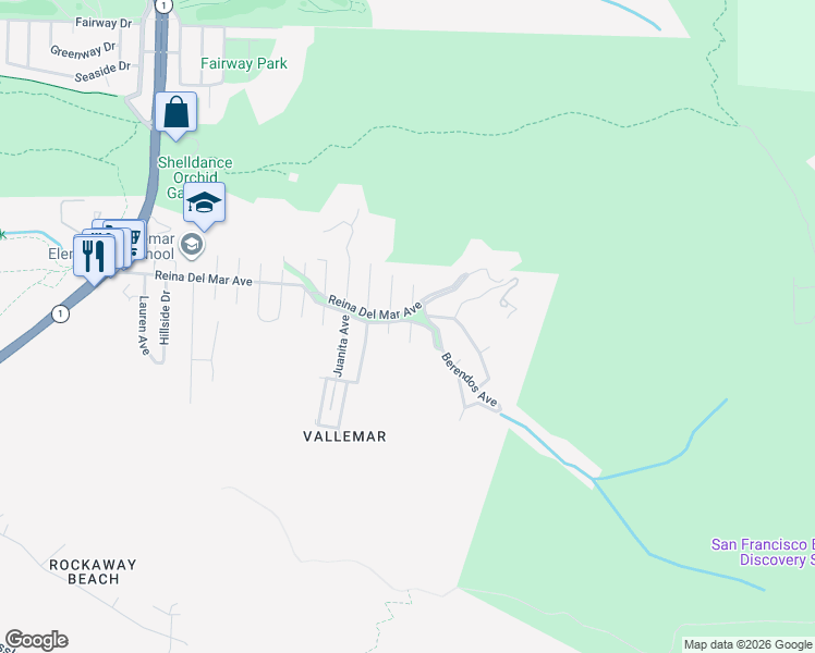 map of restaurants, bars, coffee shops, grocery stores, and more near 107 Calaveras Avenue in Pacifica