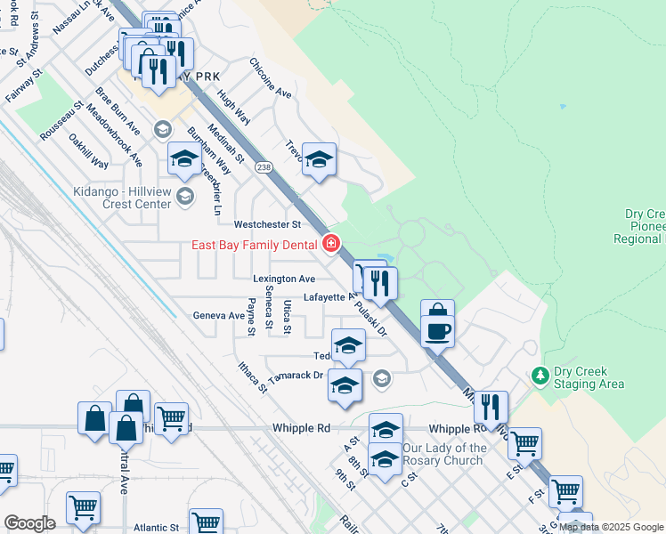 map of restaurants, bars, coffee shops, grocery stores, and more near 32315 Mission Boulevard in Hayward