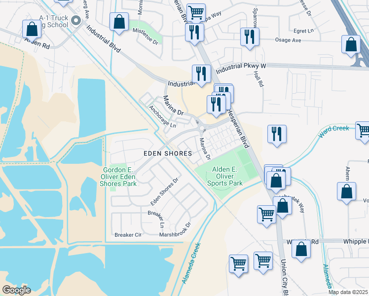 map of restaurants, bars, coffee shops, grocery stores, and more near 2692 Northern Cross Road in Hayward