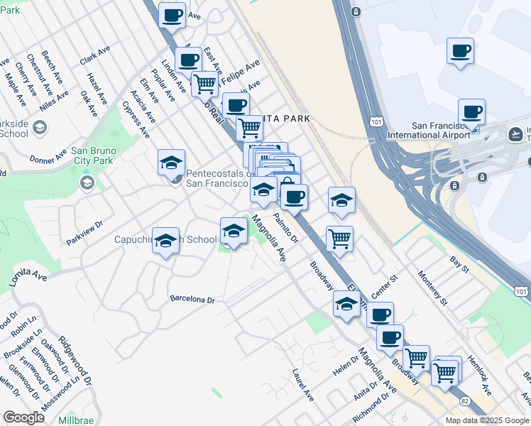 map of restaurants, bars, coffee shops, grocery stores, and more near 122 Park Boulevard in Millbrae