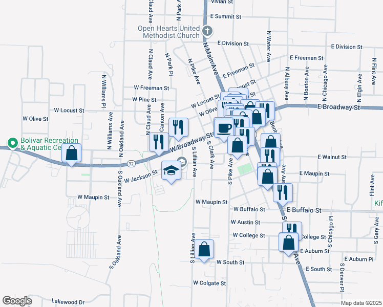 map of restaurants, bars, coffee shops, grocery stores, and more near 101-203 South Lillian Avenue in Bolivar