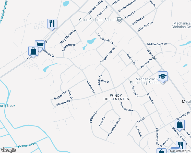 map of restaurants, bars, coffee shops, grocery stores, and more near 8280 Burr Circle in Mechanicsville