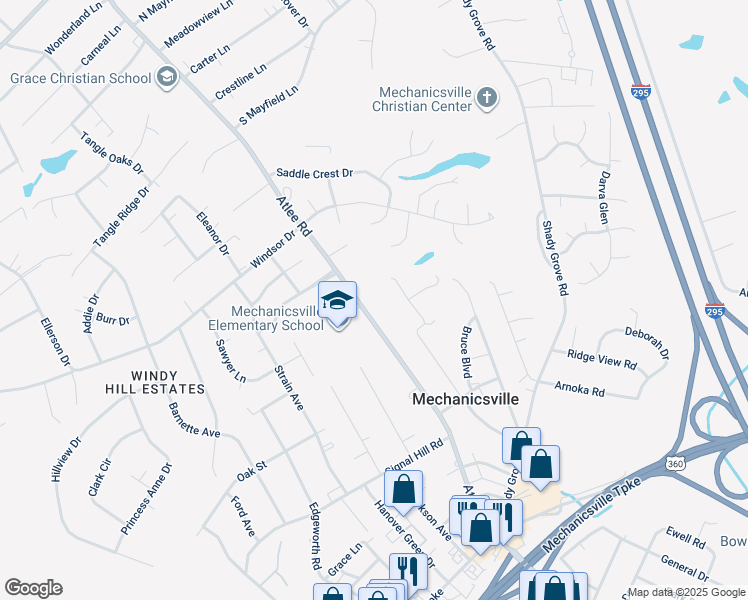 map of restaurants, bars, coffee shops, grocery stores, and more near 7444 Atlee Road in Mechanicsville