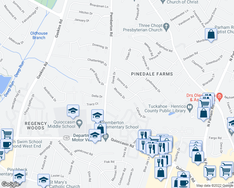 map of restaurants, bars, coffee shops, grocery stores, and more near 9409 Rhonda Drive in Richmond