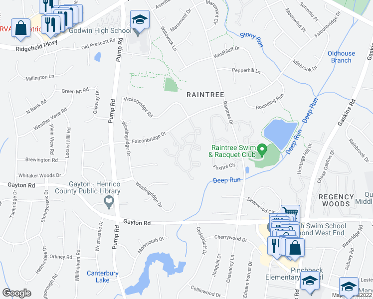 map of restaurants, bars, coffee shops, grocery stores, and more near 1607 Logwood Circle in Richmond