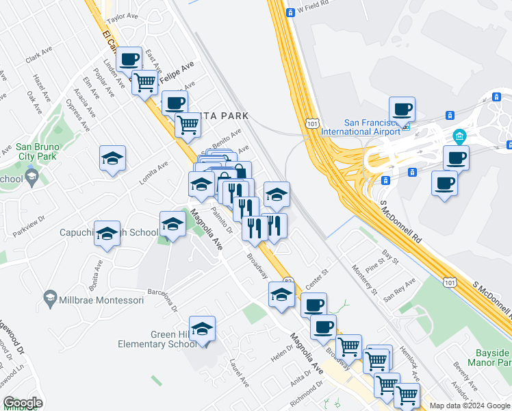 map of restaurants, bars, coffee shops, grocery stores, and more near 149 Santa Helena Avenue in San Bruno