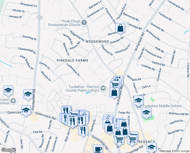 map of restaurants, bars, coffee shops, grocery stores, and more near 9211 Oak Springs Court in Richmond