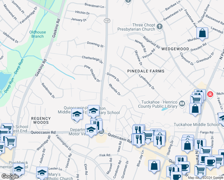 map of restaurants, bars, coffee shops, grocery stores, and more near 9409 Rhonda Drive in Richmond