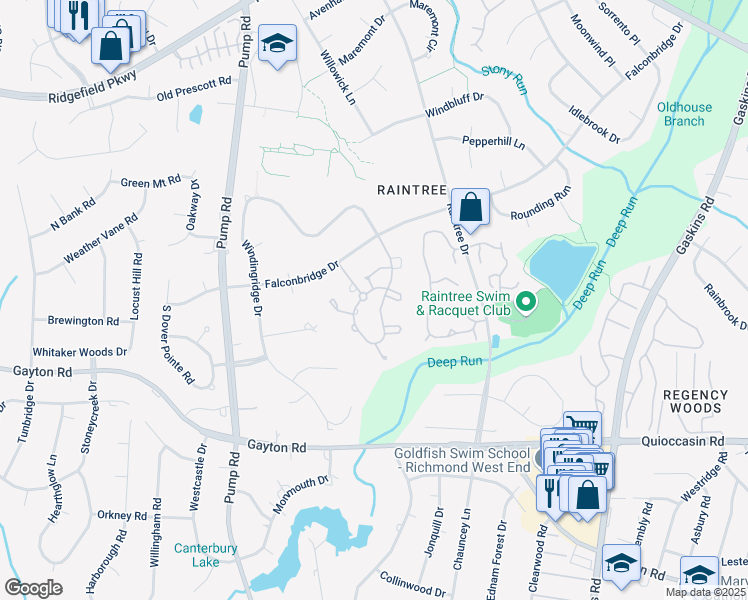 map of restaurants, bars, coffee shops, grocery stores, and more near 1607 Logwood Circle in Richmond