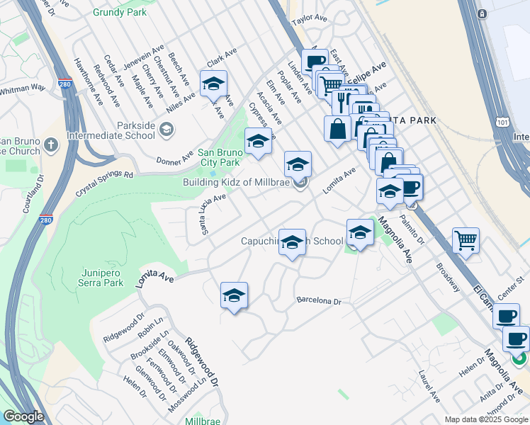 map of restaurants, bars, coffee shops, grocery stores, and more near 460 Bayview Avenue in Millbrae