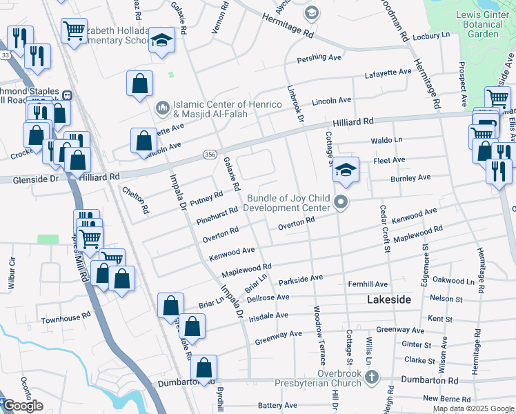 map of restaurants, bars, coffee shops, grocery stores, and more near 6604 Carmel Road in Henrico