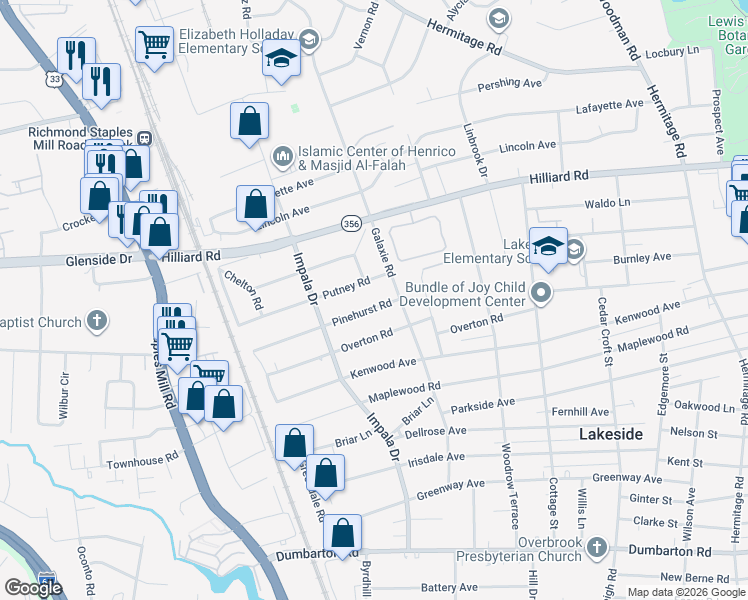 map of restaurants, bars, coffee shops, grocery stores, and more near 2909 Putney Road in Richmond