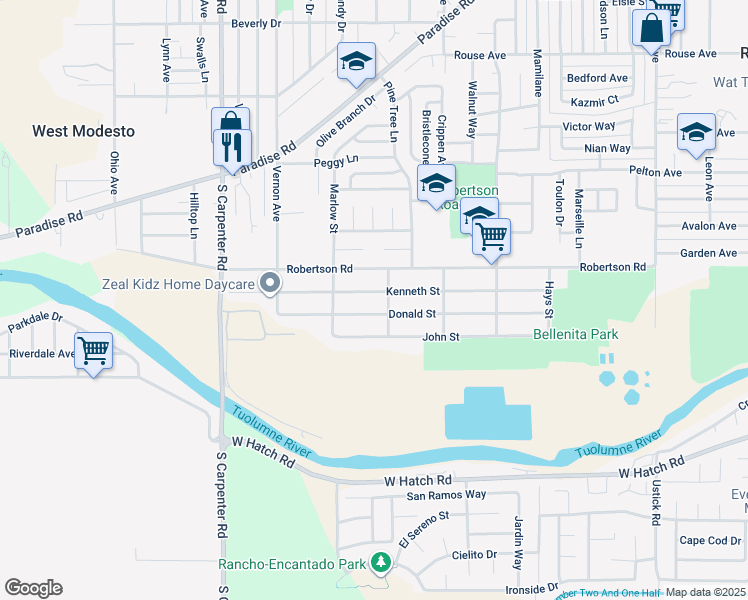 map of restaurants, bars, coffee shops, grocery stores, and more near 2021 Kenneth Street in Modesto