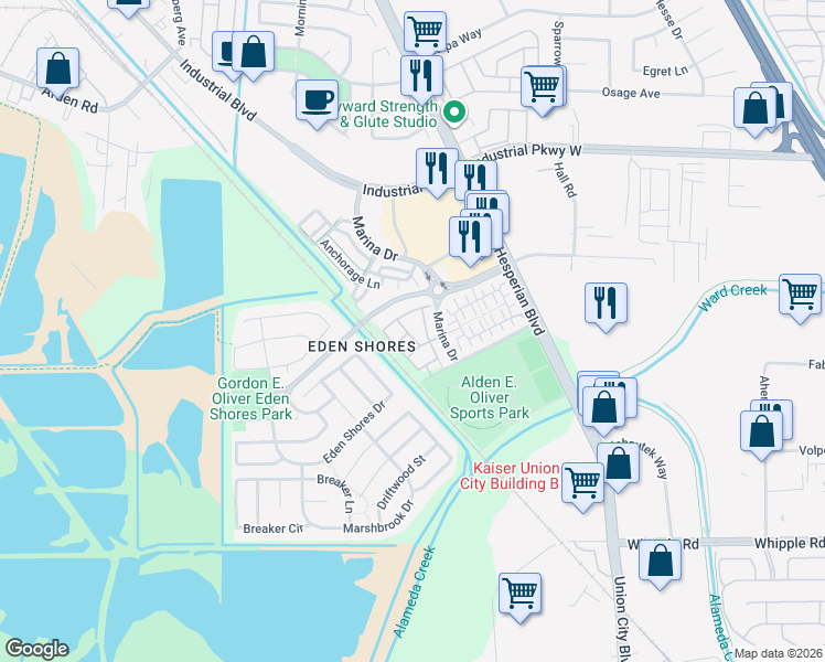 map of restaurants, bars, coffee shops, grocery stores, and more near 2692 Northern Cross Road in Hayward