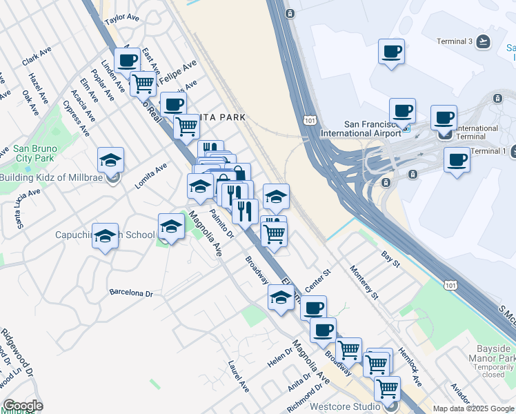 map of restaurants, bars, coffee shops, grocery stores, and more near 1018 San Anselmo Avenue in San Bruno