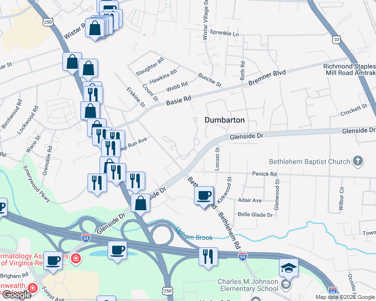 map of restaurants, bars, coffee shops, grocery stores, and more near 5300 Glenside Drive in Henrico