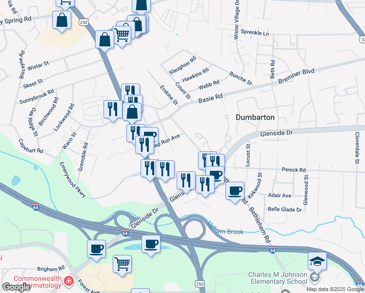 map of restaurants, bars, coffee shops, grocery stores, and more near 7119 Bethlehem Road in Richmond